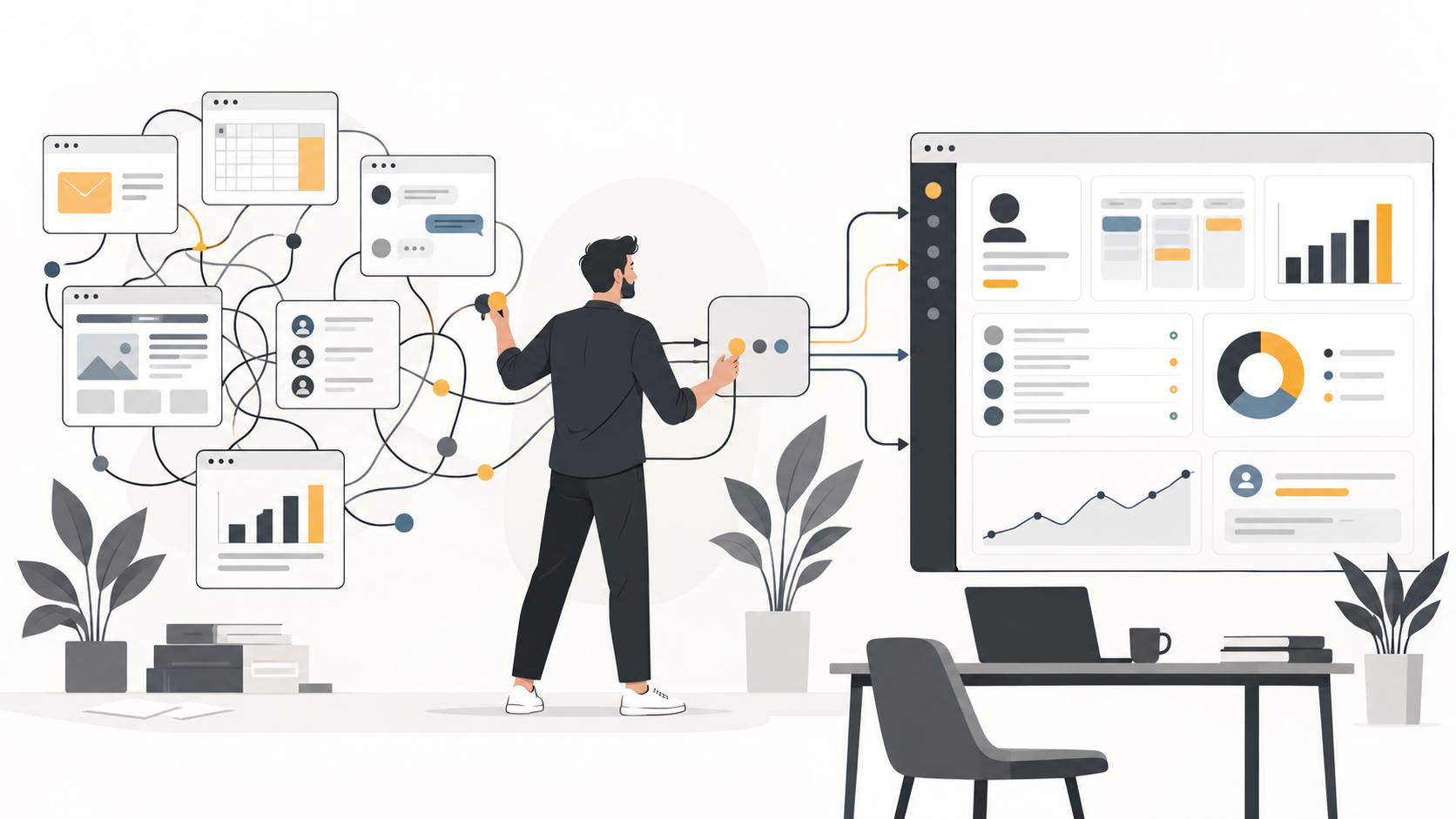 A business moving from disconnected tools and tangled workflows to one connected operating dashboard